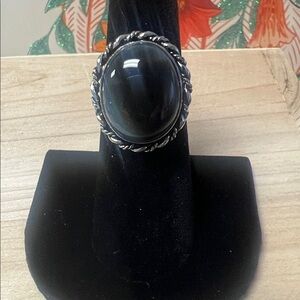 Gemstone Black Onyx or Agate Silver plated Women's Ring Size 6 1/2